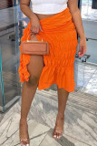 Tangerine Red Sexy Solid Bandage Patchwork Slit Fold Straight Mid Waist Straight Solid Color Bottoms
