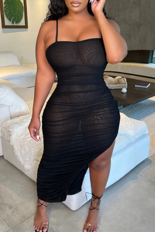 Black Sexy Plus Size Solid See-through Backless Slit Spaghetti Strap Sleeveless Dress