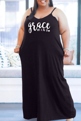 Black Casual Print Patchwork Spaghetti Strap Sling Dress Plus Size Dresses