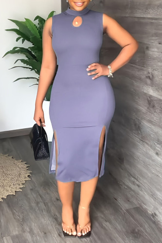 Purple Elegant Solid Hollowed Out Patchwork Slit O Neck One Step Skirt Dresses