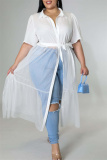White Fashion Casual Plus Size Solid Patchwork See-through Turndown Collar Short Sleeve Dress