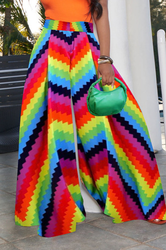 Colour Casual Print Patchwork High Waist Wide Leg Full Print Bottoms