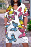 Pink Plus Size Fashion Butterfly Print Pocket V Neck Straight Dresses