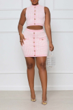 Pink Sexy Print Buckle O Neck Sleeveless Two Pieces