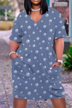 Blue Casual Print Patchwork V Neck T-shirt Dress Dresses