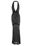 Black Fashion Sexy Patchwork Hot Drilling Backless Halter Evening Dress