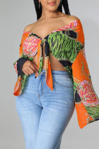 Green Casual Print Bandage Patchwork V Neck Tops