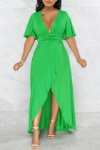 Green Casual Solid Patchwork Asymmetrical V Neck Straight Dresses