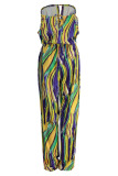 Green Sexy Print Hollowed Out Patchwork Slit O Neck Straight Jumpsuits