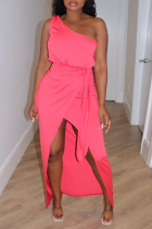 Fluorescent Pink Sexy Solid Split Joint One Shoulder Irregular Dress Dresses