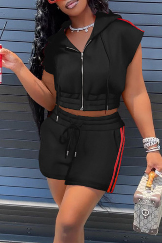 Black Casual Sportswear Solid Patchwork Hooded Collar Short Sleeve Two Pieces