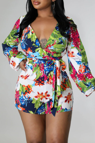 Green Simplicity Print Patchwork V Neck Straight Rompers