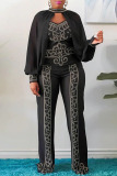 Black Elegant Solid Patchwork Hot Drill O Neck Long Sleeve Three Pieces