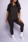 Black Casual Solid Patchwork Slit V Neck Short Sleeve Two Pieces