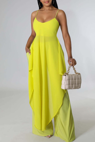 Yellow Casual Solid Patchwork Asymmetrical Spaghetti Strap Sleeveless Two Pieces