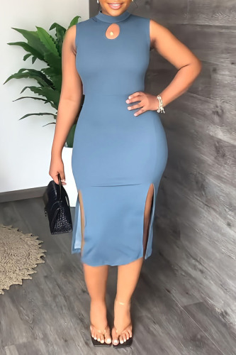 Blue Elegant Solid Hollowed Out Patchwork Slit O Neck One Step Skirt Dresses
