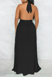 Black Elegant Solid Patchwork Backless Fold Halter Straight Dresses