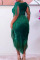 Green Celebrities Solid Tassel Sequins Split Joint Asymmetrical V Neck One Step Skirt Dresses