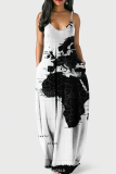 Black White Sexy Graphic Print Floor Length Backless Sleeveless African Style Loose Cami Maxi Dress