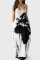 Black White Fashion Sexy Print Backless Spaghetti Strap Long Dress