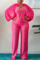 Rose Pink Elegant Solid Patchwork Hot Drill O Neck Long Sleeve Three Pieces