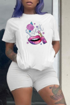 White Fashion Lips Printed Letter O Neck Short Sleeve Two Pieces
