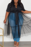 Black Fashion Casual Plus Size Solid Patchwork See-through Turndown Collar Short Sleeve Dress