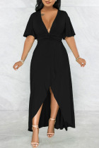 Black Casual Solid Patchwork Asymmetrical V Neck Straight Dresses
