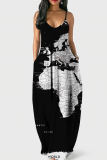 Black Sexy Graphic Print Floor Length Backless Sleeveless African Style Loose Cami Maxi Dress