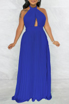 Blue Elegant Solid Split Joint Backless Fold Halter Straight Dresses