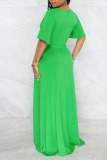 Green Casual Solid Patchwork Asymmetrical V Neck Straight Dresses