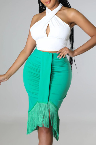 Green Sexy Solid Tassel Patchwork Backless Halter Sleeveless Two Pieces