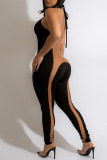 Black Sexy Solid Patchwork See-through Asymmetrical Collar Skinny Jumpsuits