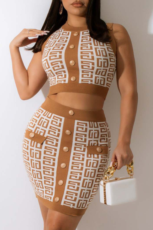 Coffee Sexy Print Buckle O Neck Sleeveless Two Pieces
