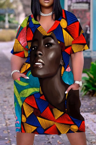 Red Blue Fashion Print Pocket V Neck Straight Dresses
