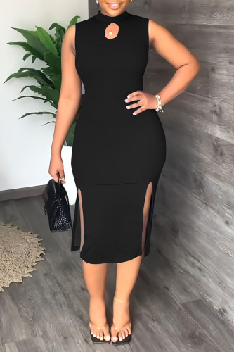 Black Elegant Solid Hollowed Out Patchwork Slit O Neck One Step Skirt Dresses