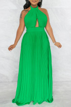 Green Elegant Solid Split Joint Backless Fold Halter Straight Dresses