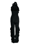 Black Sexy Casual Solid Patchwork Backless Turtleneck Regular Jumpsuits