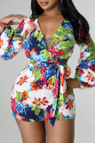 Green Simplicity Print Patchwork V Neck Straight Rompers