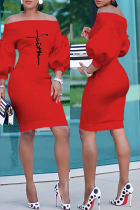 Red Fashion Casual Print Basic Off the Shoulder Long Sleeve Dresses