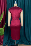 Burgundy Sexy Casual Solid Patchwork Fold Cardigan O Neck Evening Dress