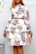 White Elegant Print Patchwork Frenulum With Belt Half A Turtleneck Cake Skirt Dresses