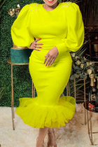 Yellow Fashion Sexy Solid Split Joint Beading O Neck Long Sleeve Evening Dress