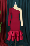 Burgundy Fashion Sexy Solid Patchwork Backless Oblique Collar Evening Dress