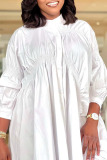 White Casual Solid Patchwork Buckle Fold Mandarin Collar Shirt Dress Dresses