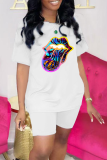 White Fashion Lips Printed Patchwork O Neck Short Sleeve Two Pieces