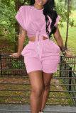 Pink Fashion Casual Solid Bandage O Neck Short Sleeve Two Pieces