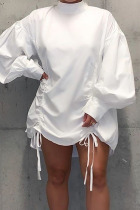 White Fashion Casual Solid Draw String Frenulum Turtleneck Long Sleeve Plus Size Dresses