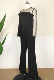 Black Fashion Casual Solid Patchwork See-through O Neck Regular Jumpsuits
