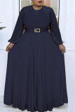Tibetan Blue Fashion Casual Solid Split Joint With Belt O Neck Long Sleeve Plus Size Dresses